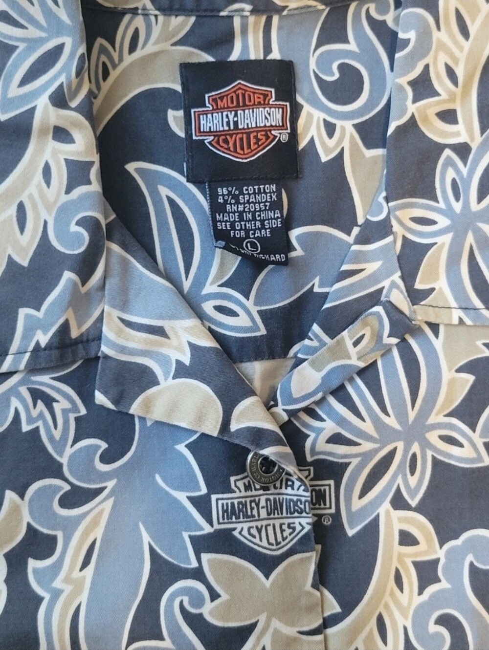 Harley Davidson Womens Shirt Large Sleeveless Button Up Blue  Floral Damask RARE
